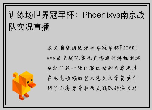 训练场世界冠军杯：Phoenixvs南京战队实况直播
